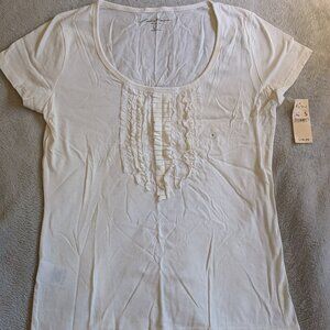 WOMEN'S NEW EDDIE BAUER TOP S Small White Tee T Shirt Short Sleeve Ruffle Scoop